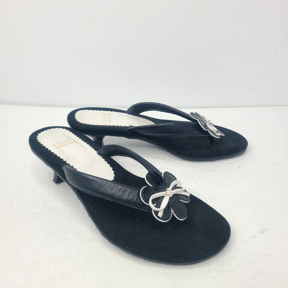 Stuart Weitzman Black Suede Kitten Heel Thong Sandals with Silver Bow Accent